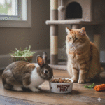 A rabbit contemplating cat food, highlighting dietary risks for rabbits.