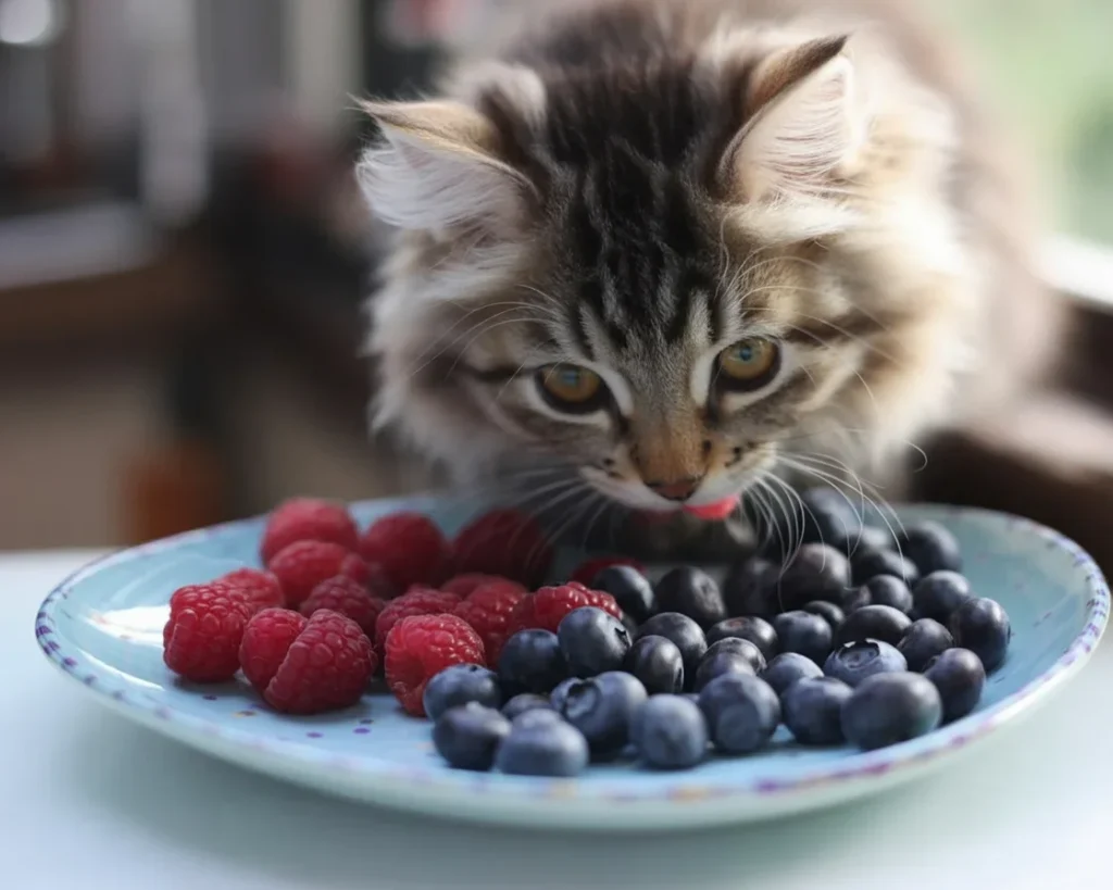 A curious cat sniffing blueberries, exploring safe treat options.