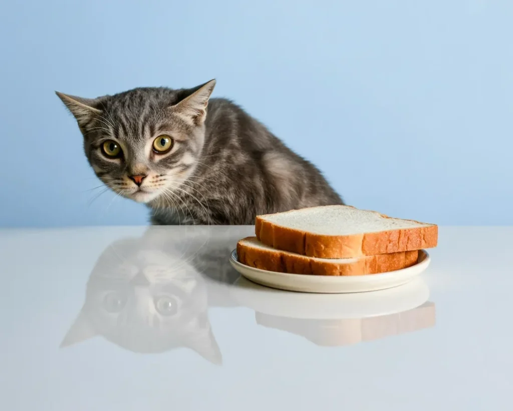 A cat curiously sniffing a piece of plain bread, safe for occasional feeding.