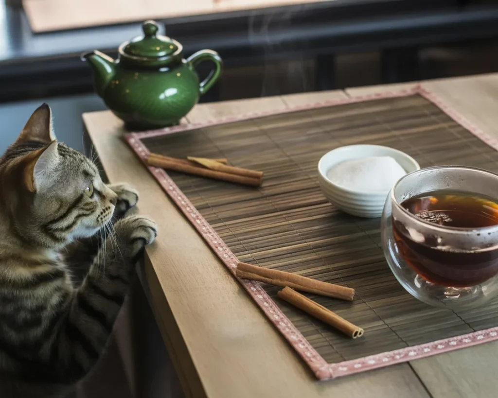 Cat looking curiously at a cinnamon stick, exploring safe food options.