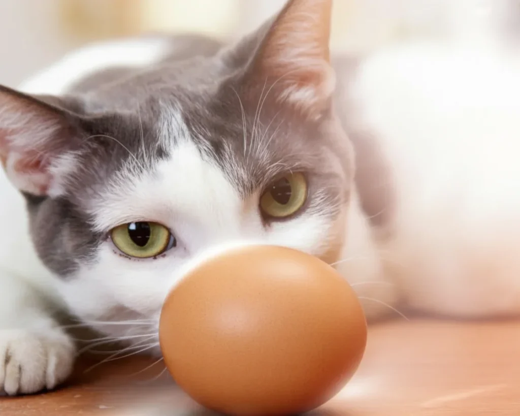 A cat happily enjoying a small bowl of fully cooked eggs.