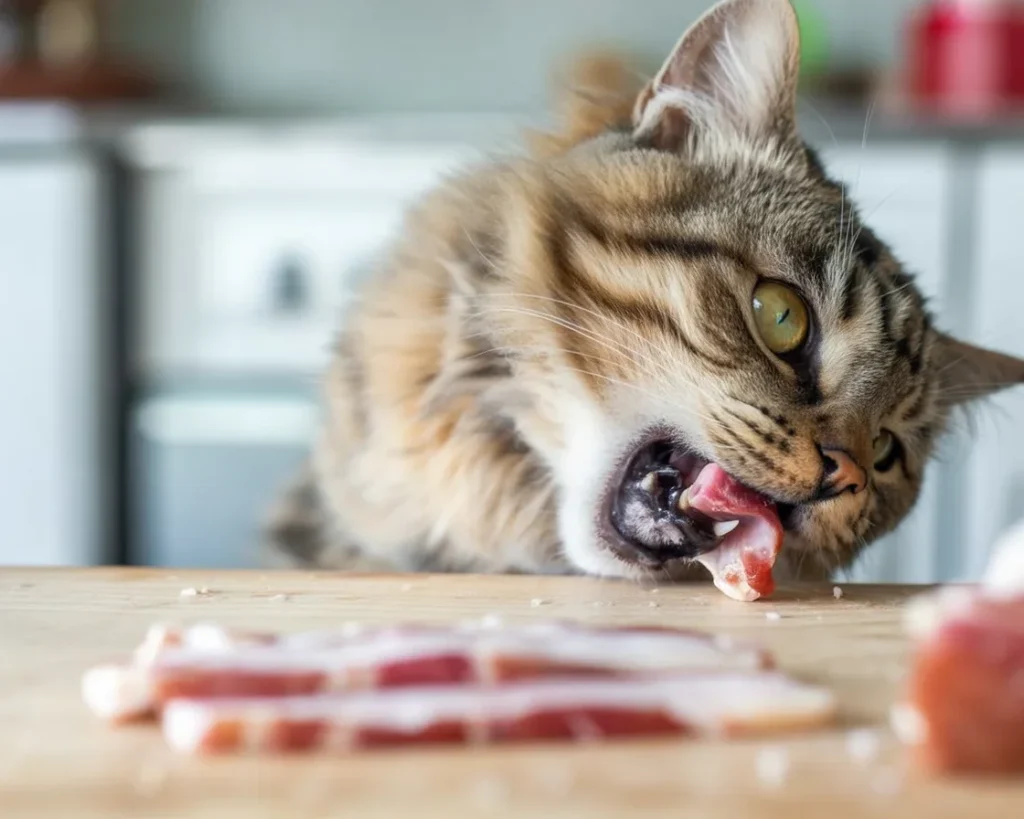 Cat considering a piece of ham, exploring if it's safe for their diet.