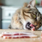 Cat considering a piece of ham, exploring if it's safe for their diet.
