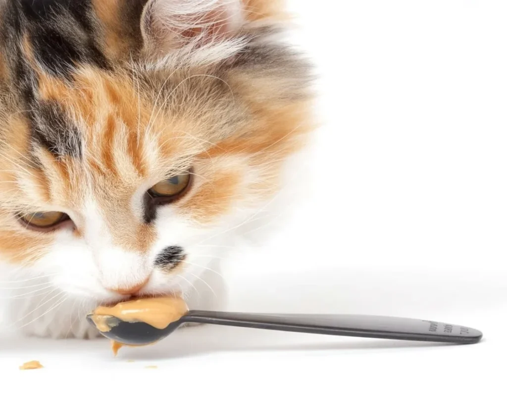 A curious cat looking at a jar of peanut butter, considering if cats can eat it.