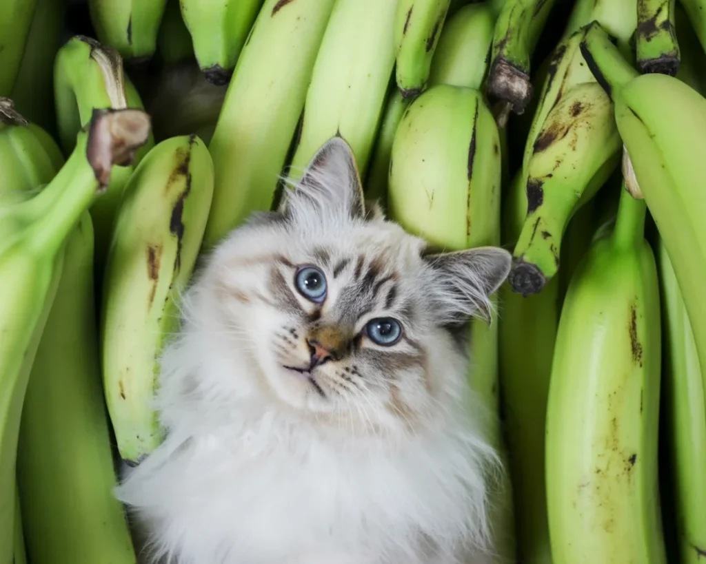 A cat curiously looking at a plate of sliced plantains, exploring safe snack options.