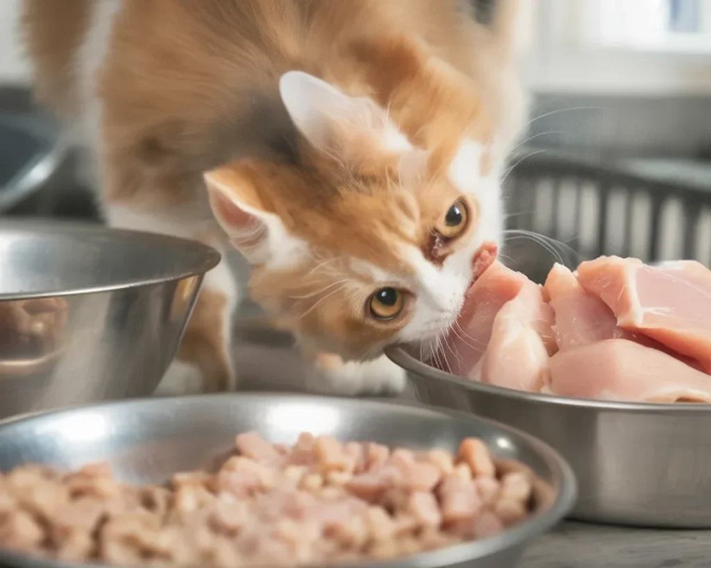 A cat enjoying a piece of raw chicken, highlighting its dietary needs as an obligate carnivore.