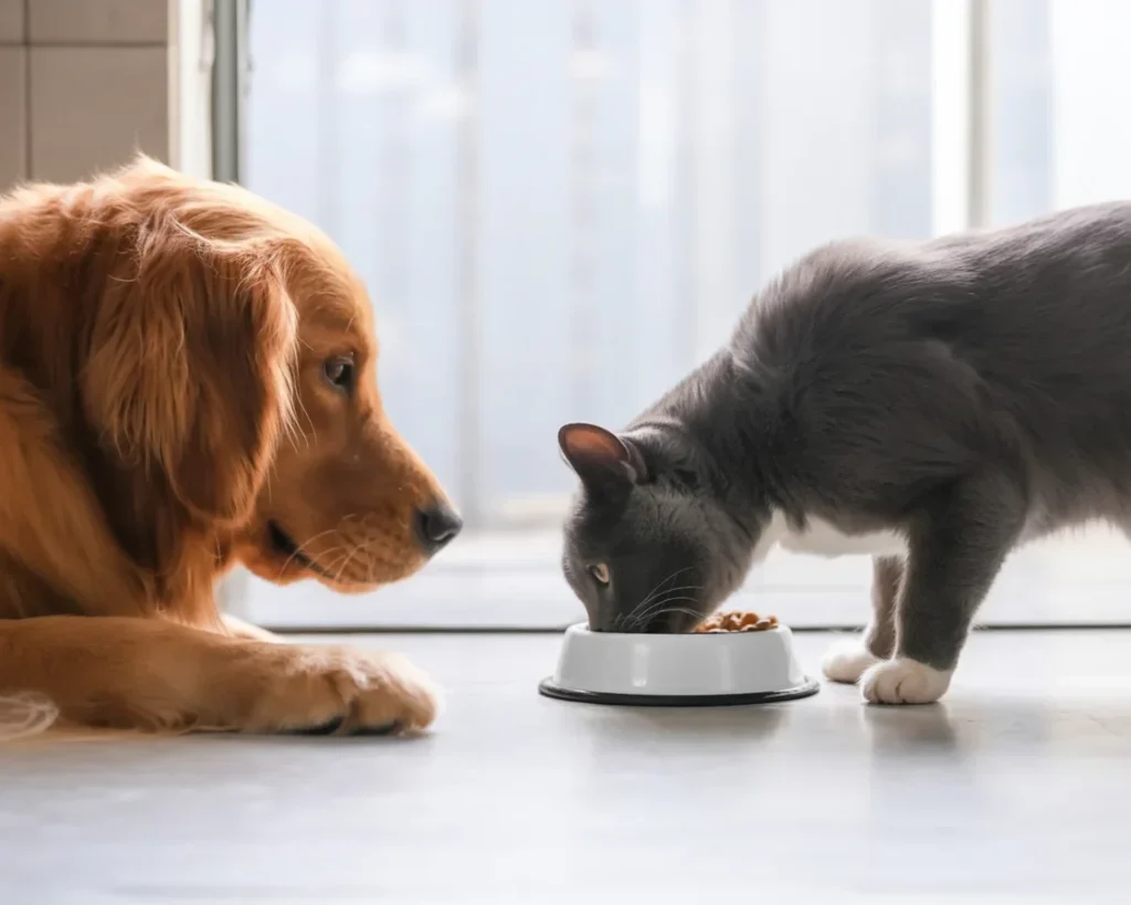 Dog looking at cat food, questioning if it's safe to feed to dogs.