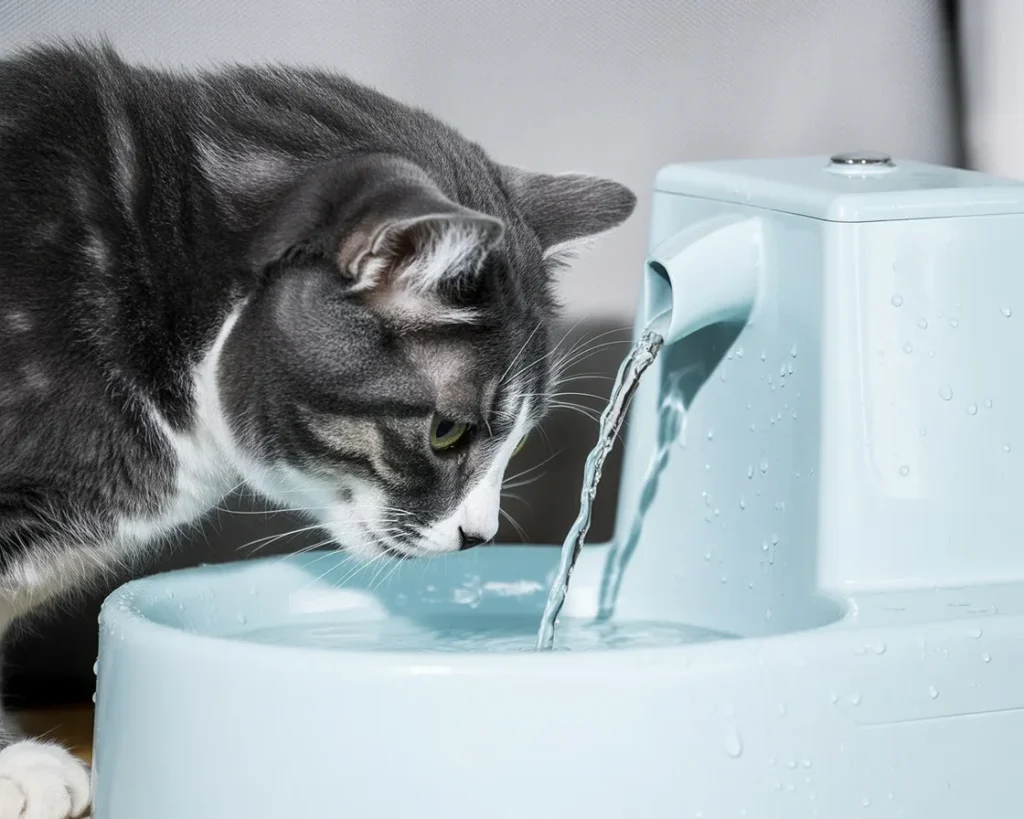 A cat looking for water, showing signs of dehydration after 24 hours without water.