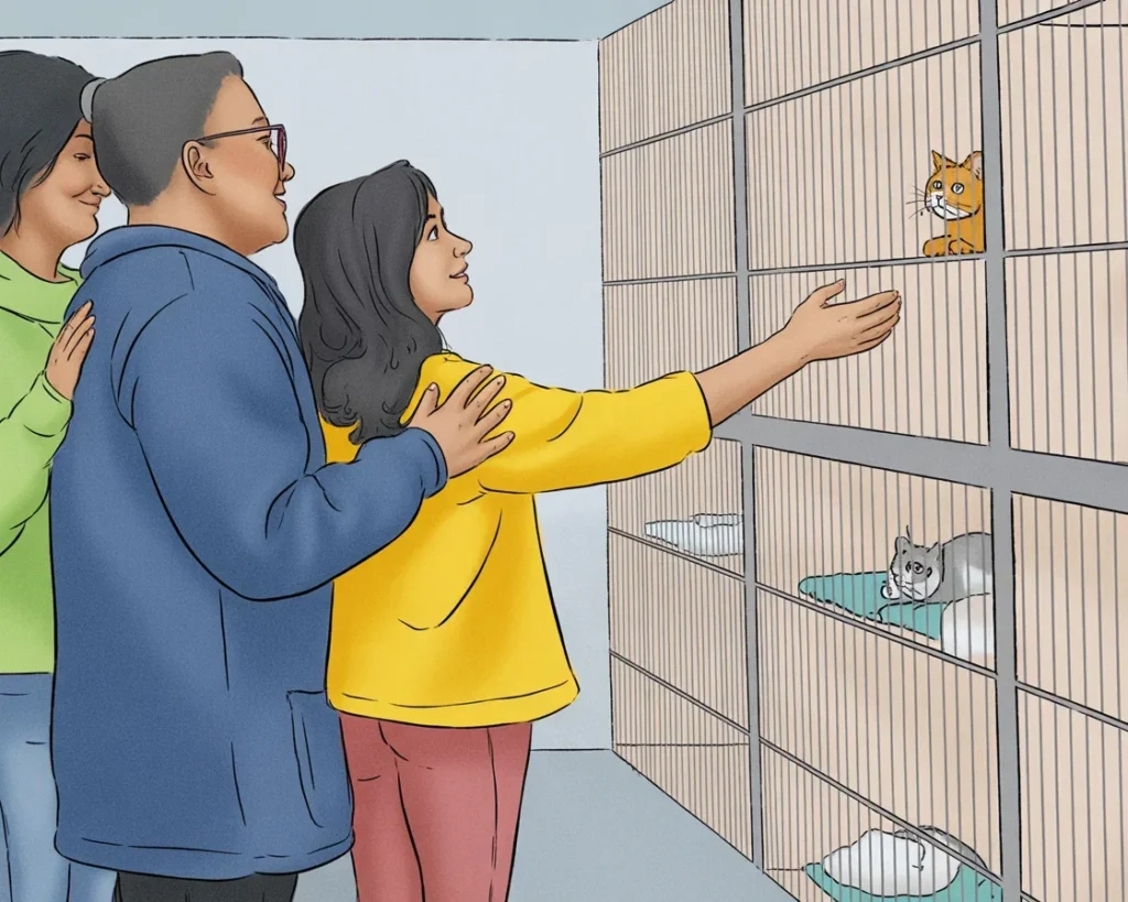 A responsible child presenting cat ownership benefits to their mom with visuals.