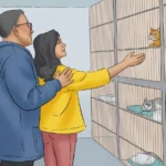 A responsible child presenting cat ownership benefits to their mom with visuals.