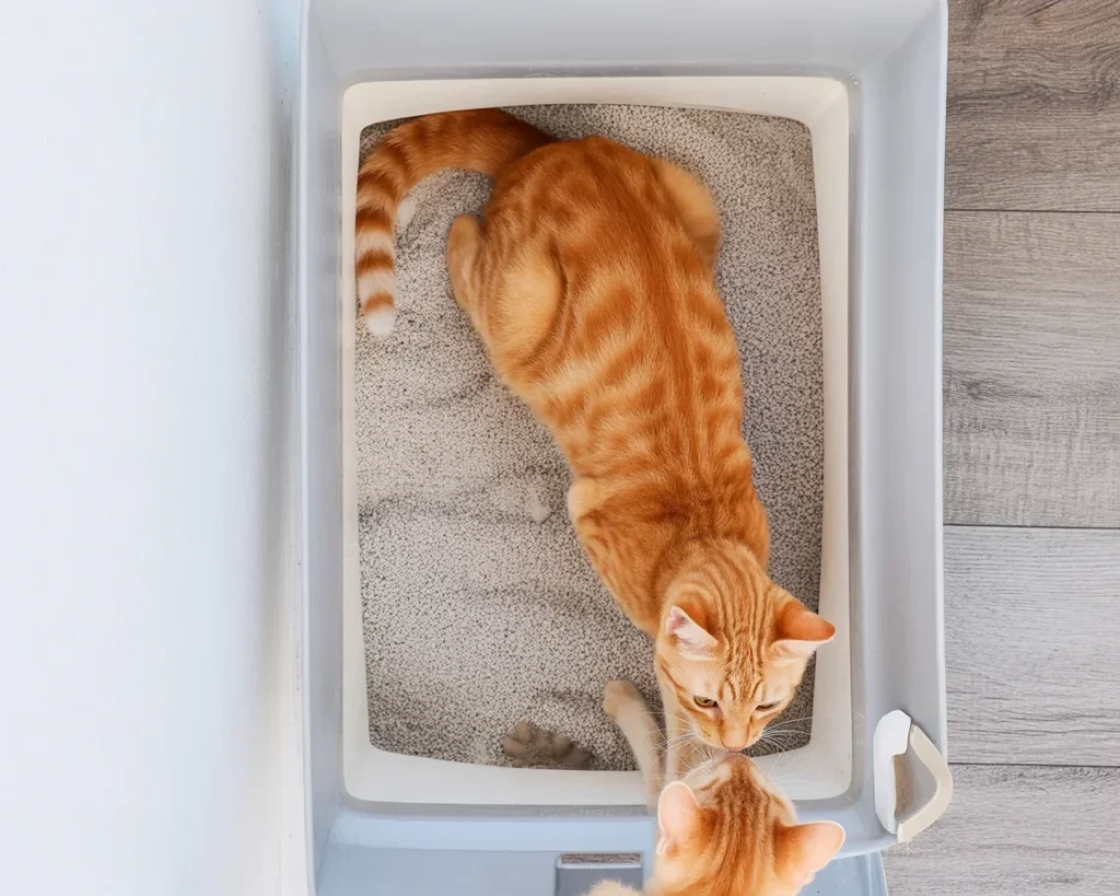 Two cats using the same litter box in a household setting.