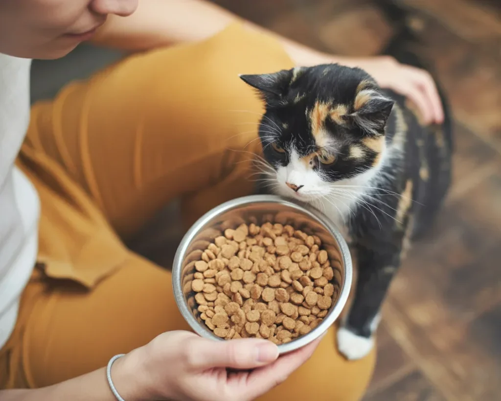 Feeding guidelines for cats showing portion sizes and calorie needs.