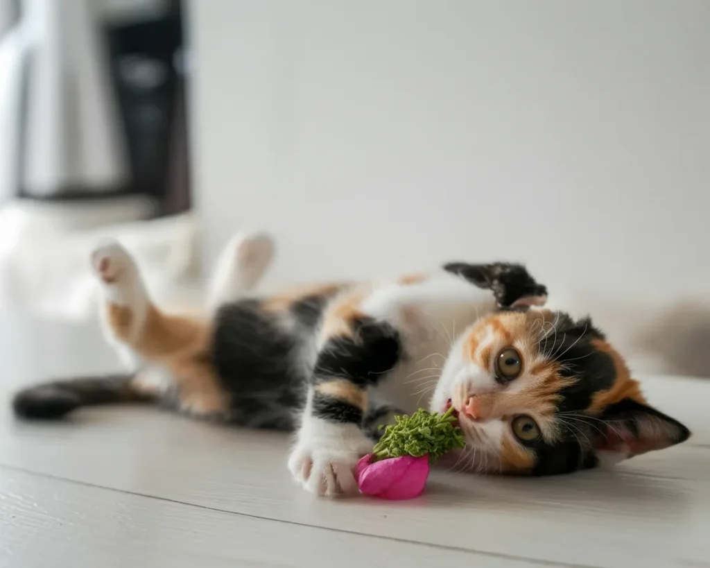 A playful kitten exploring a catnip toy, highlighting safety and age considerations.
