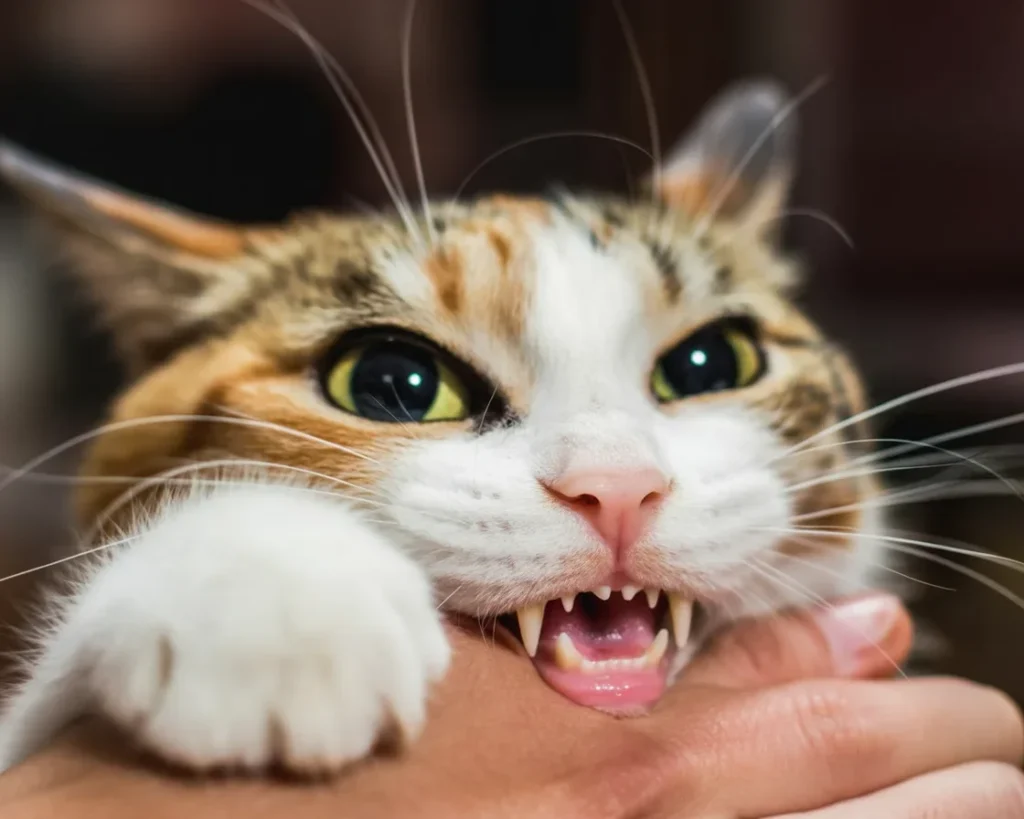 Cat playing with toy to prevent biting, following training guidance.