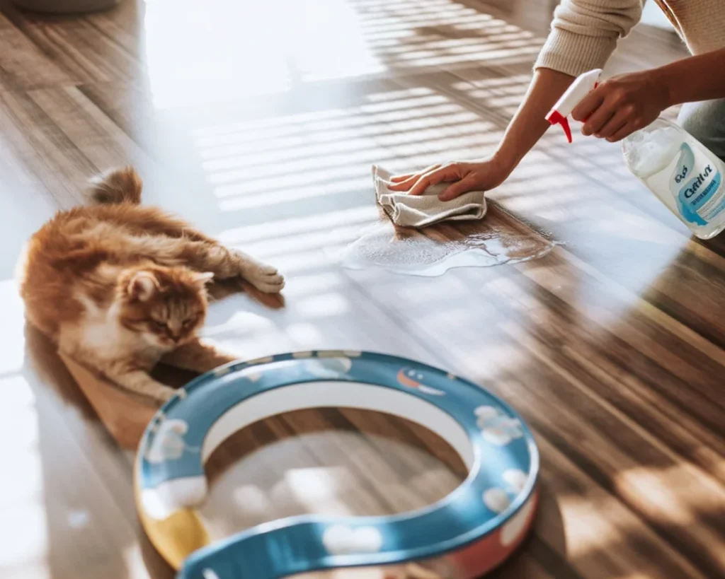 A cat spraying behavior on a wall, with tips on how to stop it.