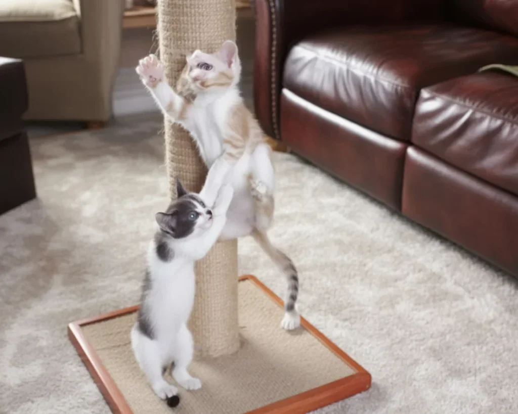 Cat using a scratching post with treats nearby for training reinforcement.