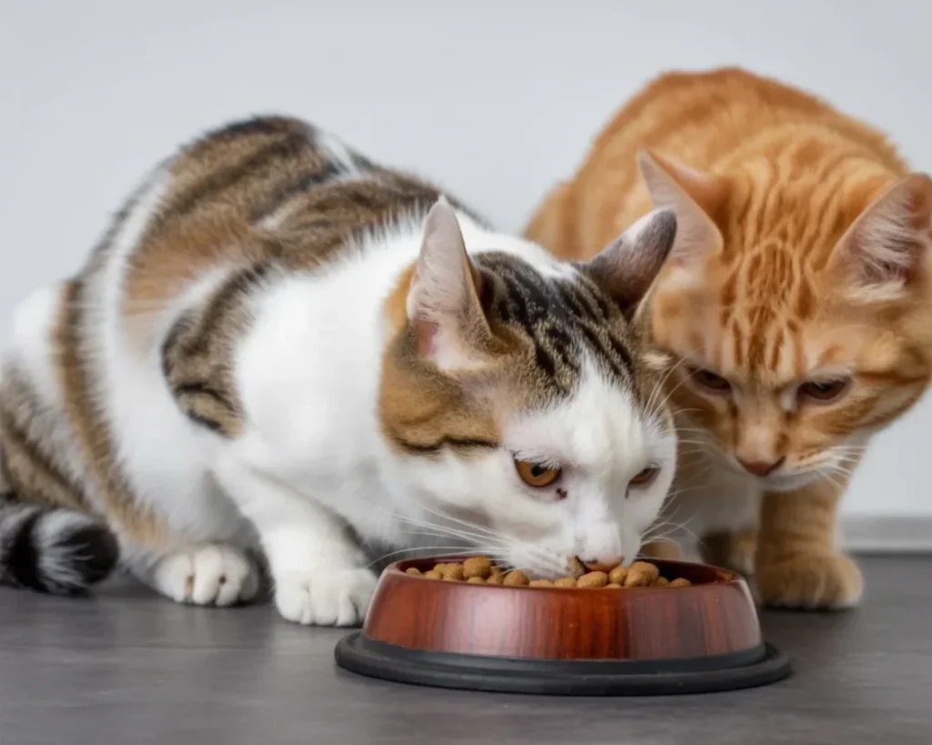 Cat transitioning to new food in a multi-bowl setup to minimize stress.