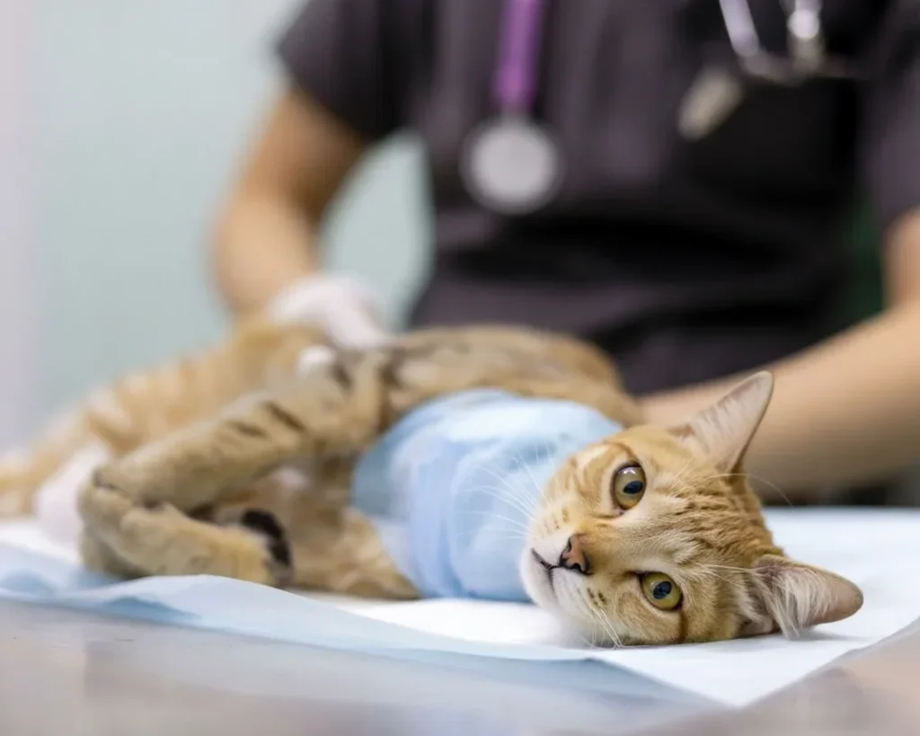 Cat being spayed at the veterinarian's office, representing when is it too late to spay a cat.